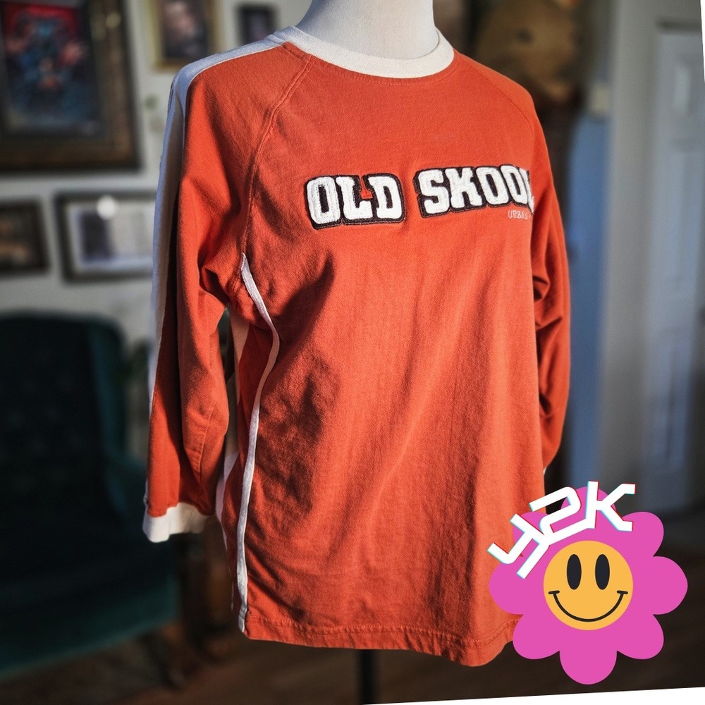 Vintage Y2K Old Skool‎ Urbanwear  Long Sleeve Shirt Orange White Striped